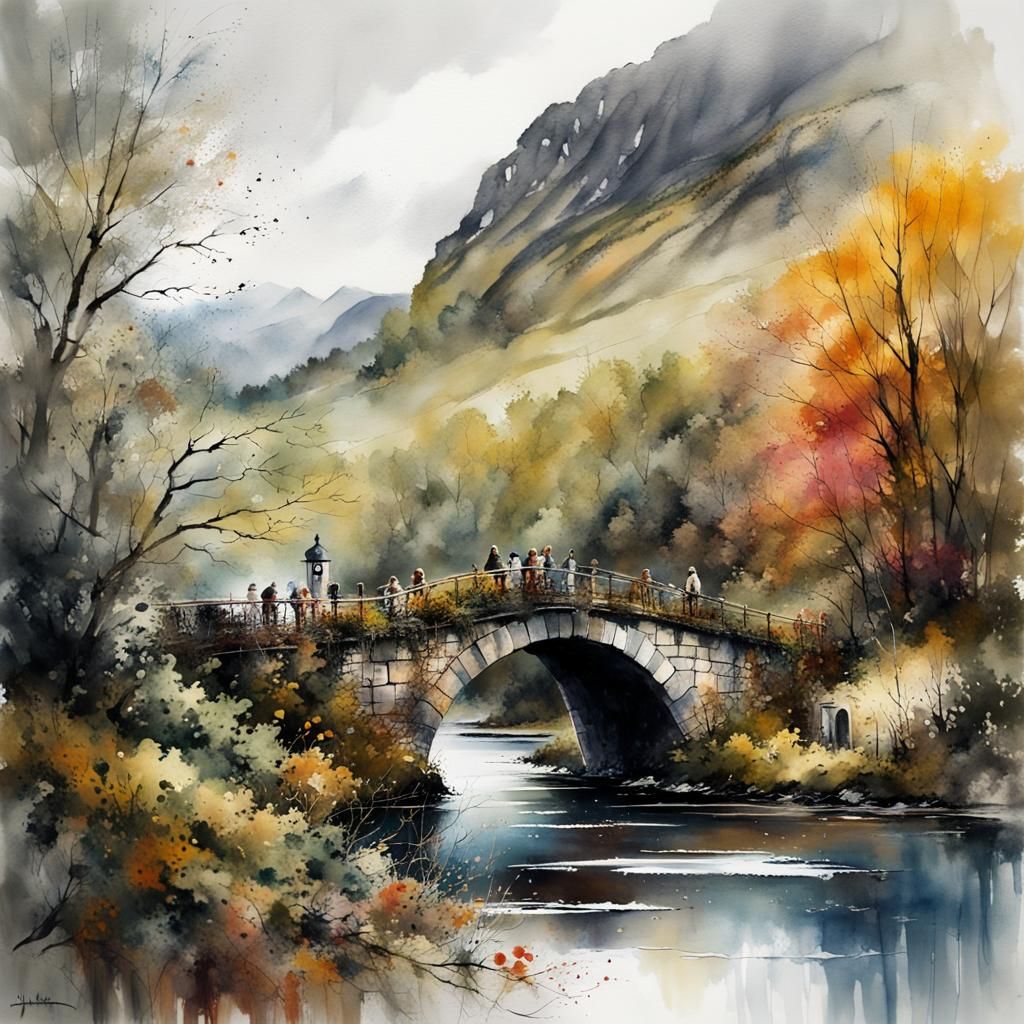 Scottish Highlands Bridge in Splash Art Style