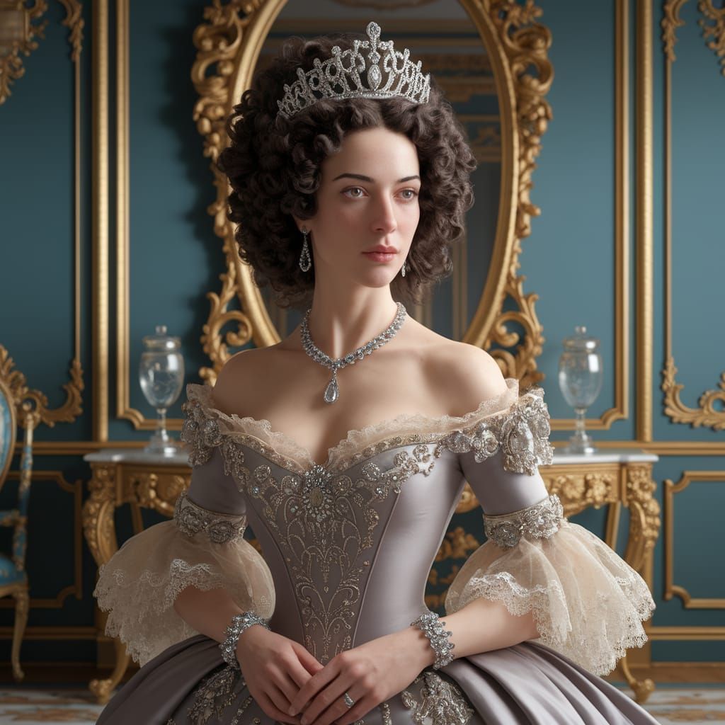 Elegant Woman in Rococo Royal Portraiture Adorned with Jewel...