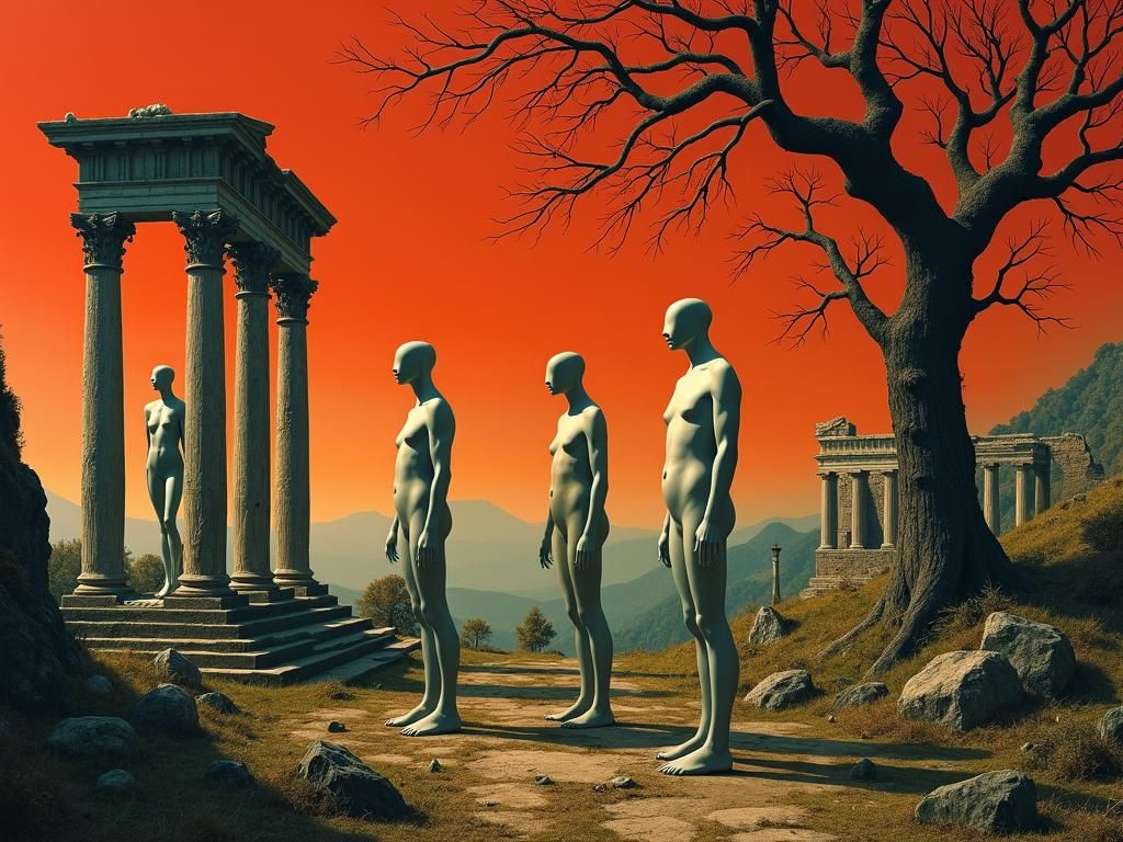 Surreal Figures in Ruins with Red Sky