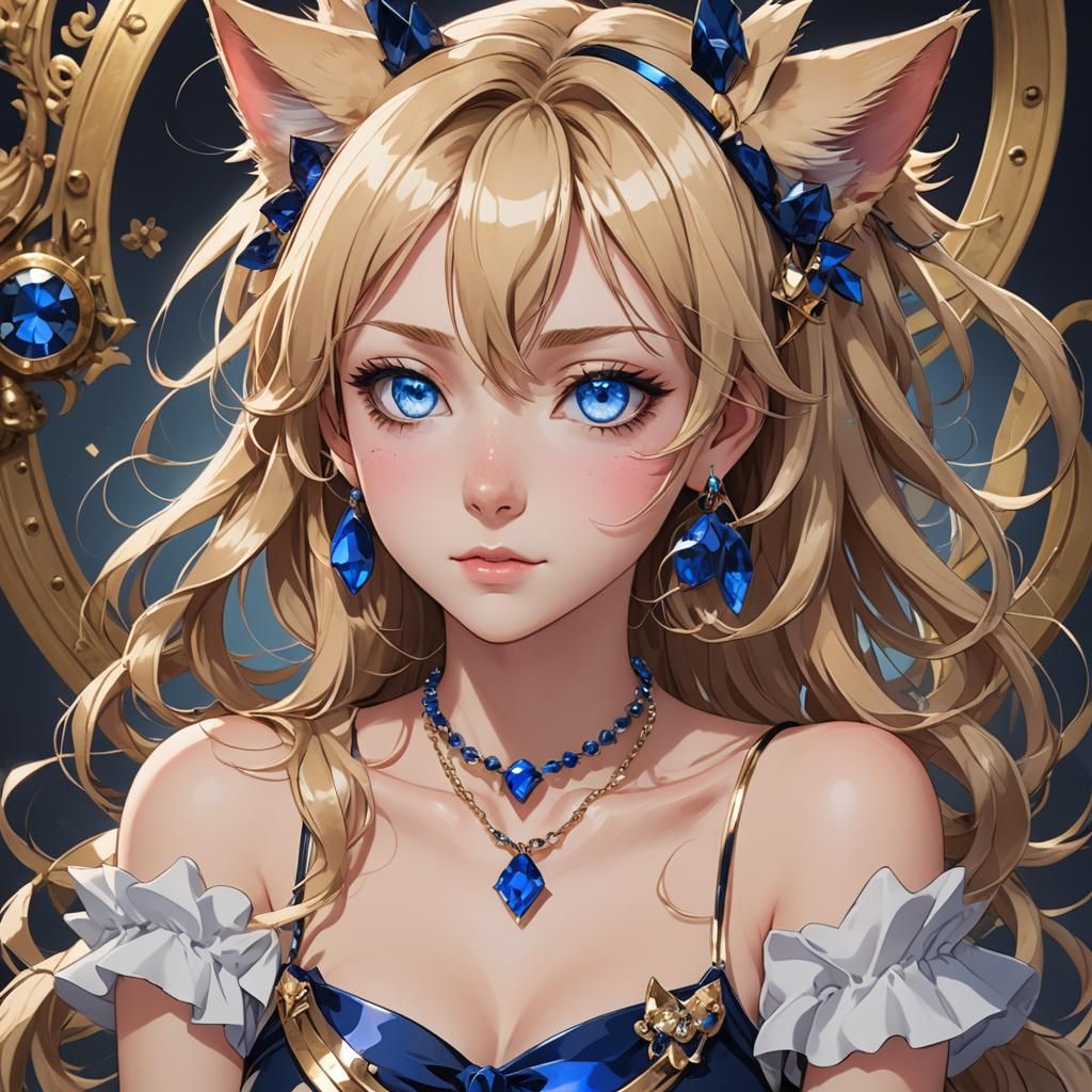 Anime Girl with Cat Ears and Sapphire Necklace