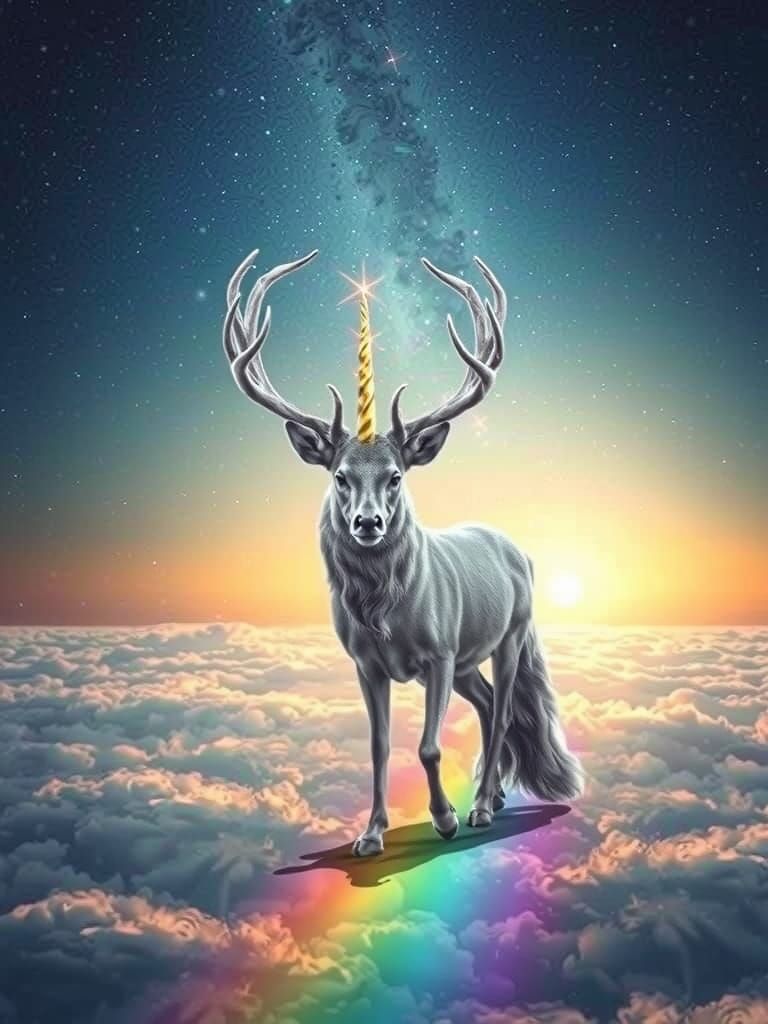 Magical Silver-White Deer-Fox-Unicorn on Rainbow