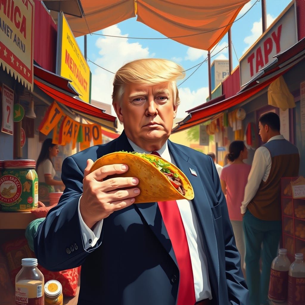 Donald Trump at Mexican Market, Imaginative Realism Oil Pain...