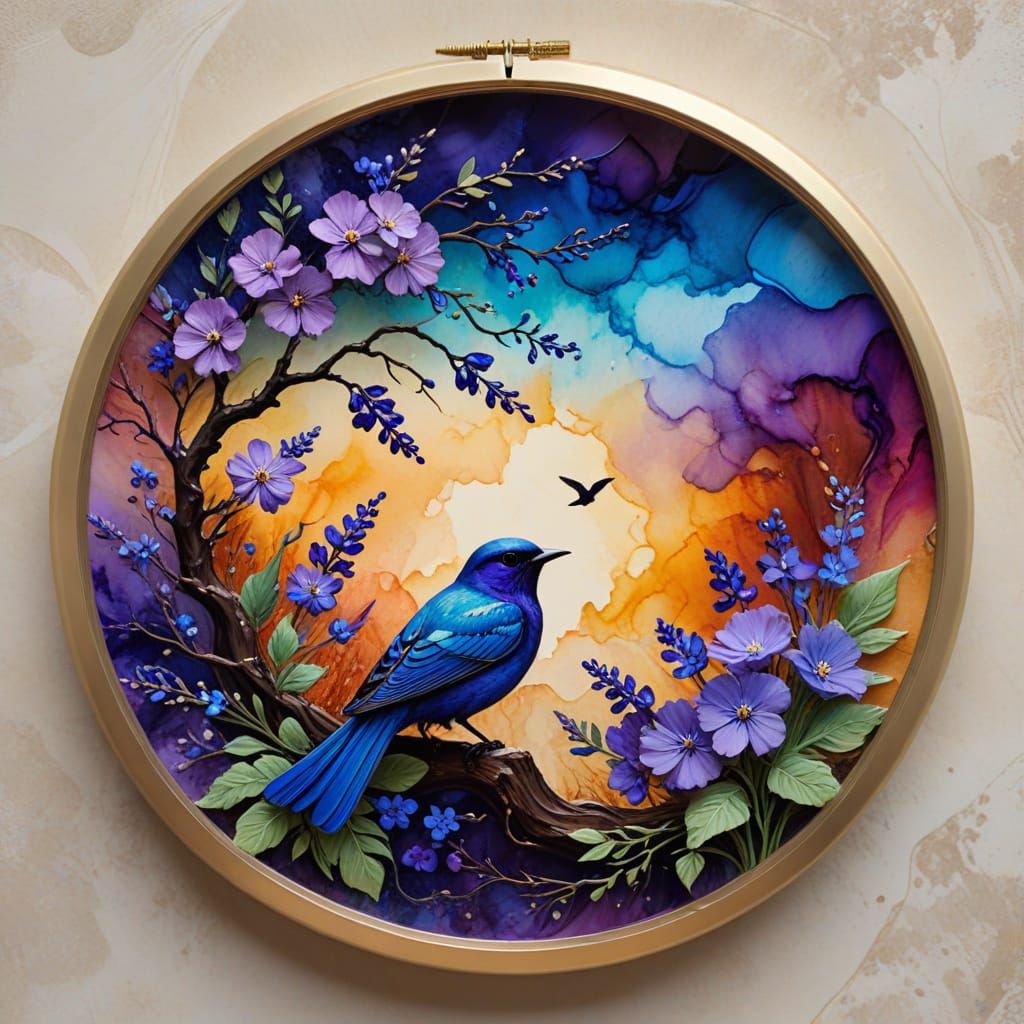 Circular Alcohol Ink Art with Flowers and Bird