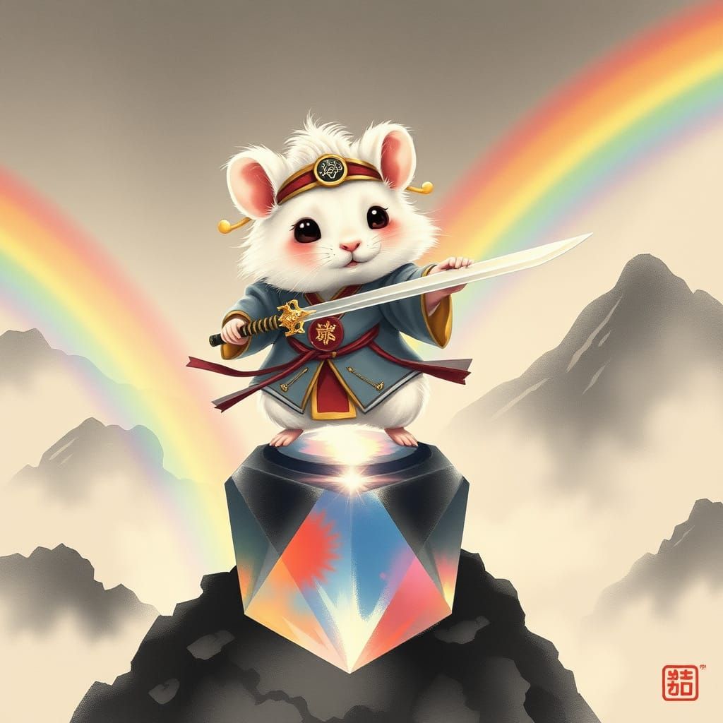 A cute and fluffy wuxia chibi hamster gracefully performs a sword dance atop a prism, with beams of light refracting thr...