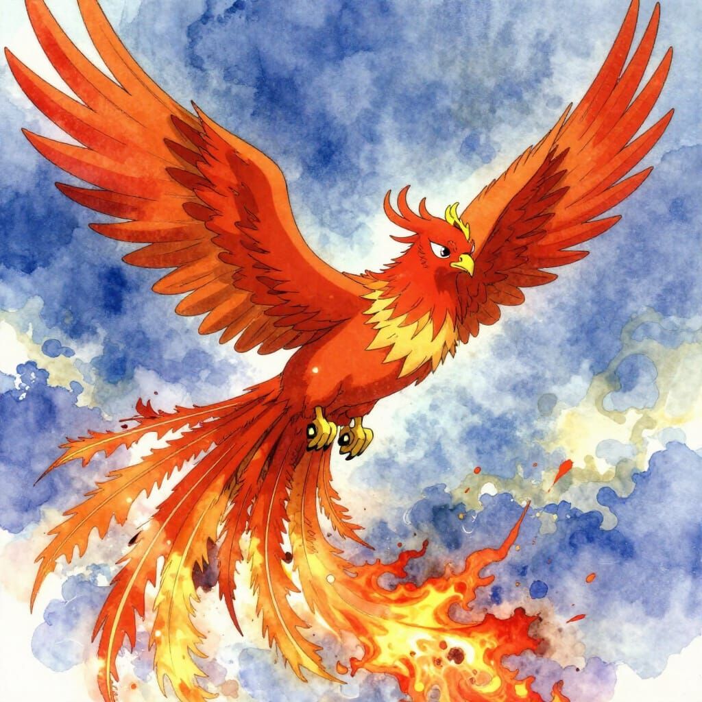 Phoenix Rises from Ashes in Watercolor Style