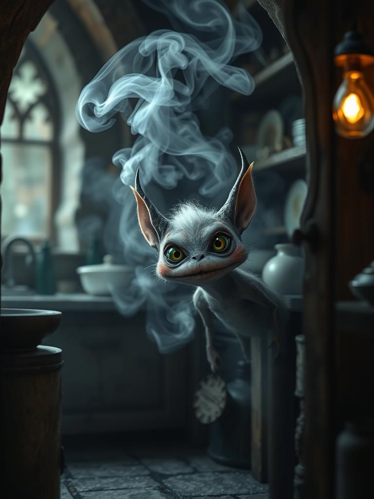 Whimsical Smoke Creature in Medieval Kitchen