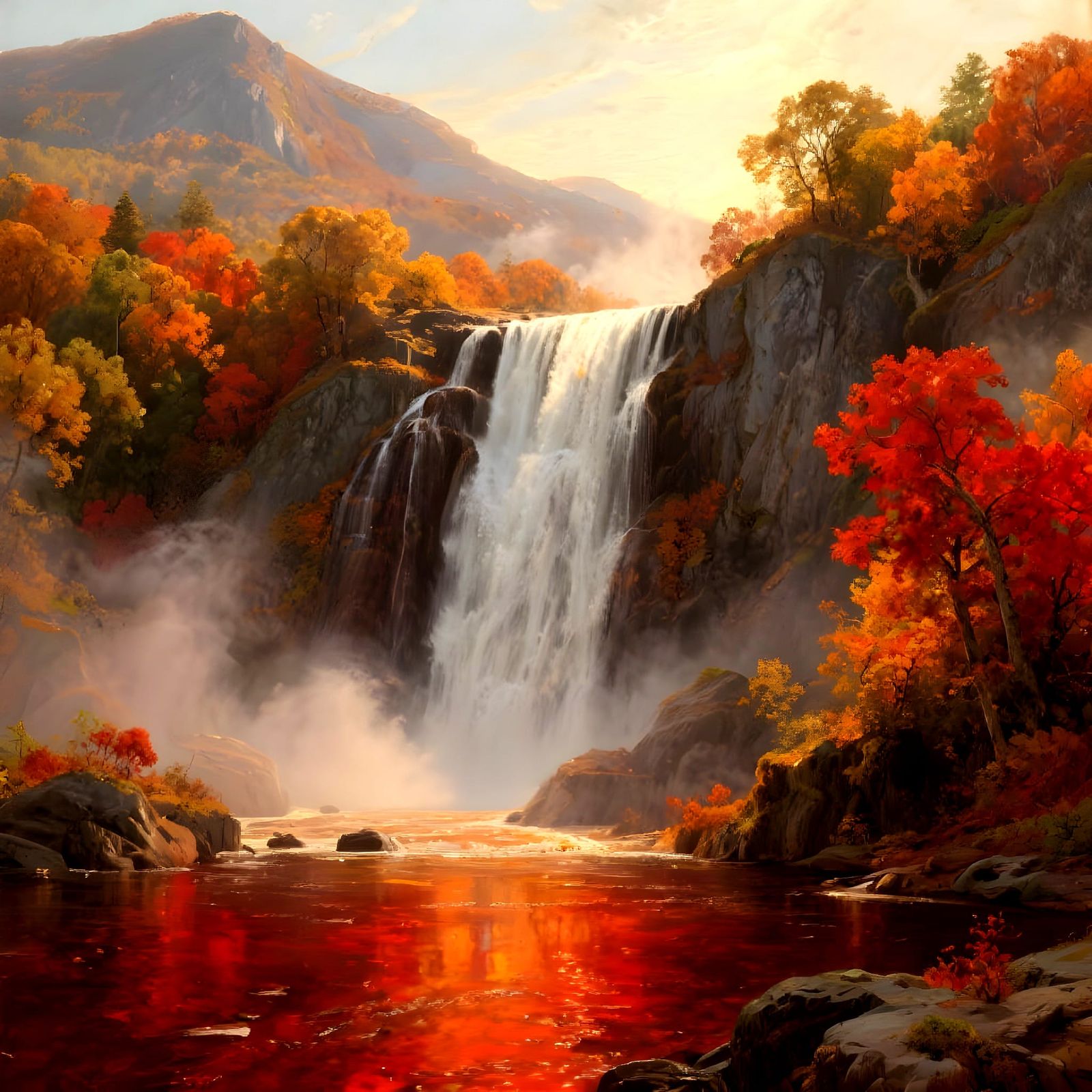 Majestic Autumn Waterfall in Hudson River School Style