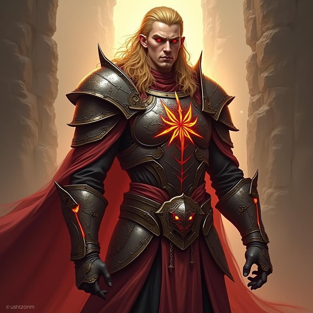 Vengeful Summer Eladrin Paladin Warlock in Damascene Armor