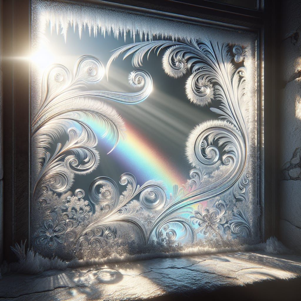 Sunlit Frost Patterns Create Rainbows on Window