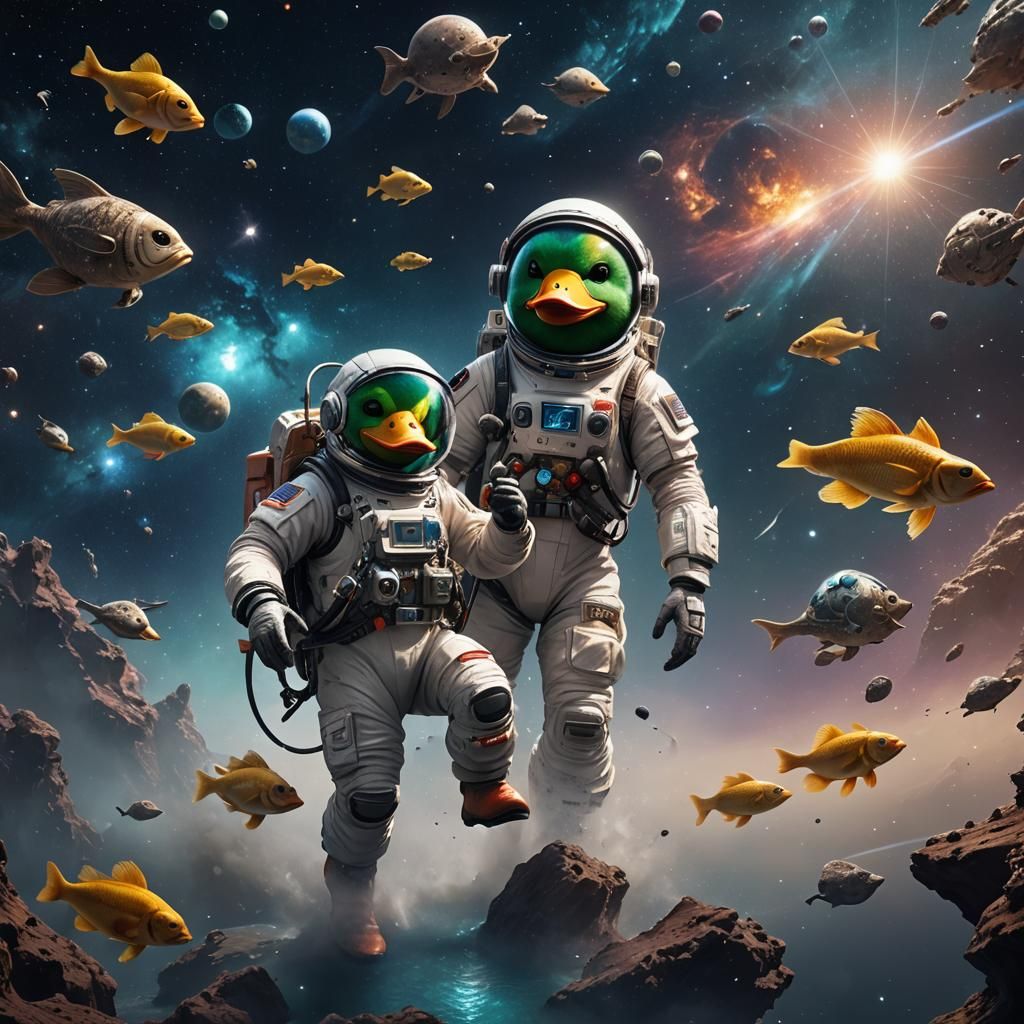 Duck in Spacesuit with Fish: Fantasy Concept Art