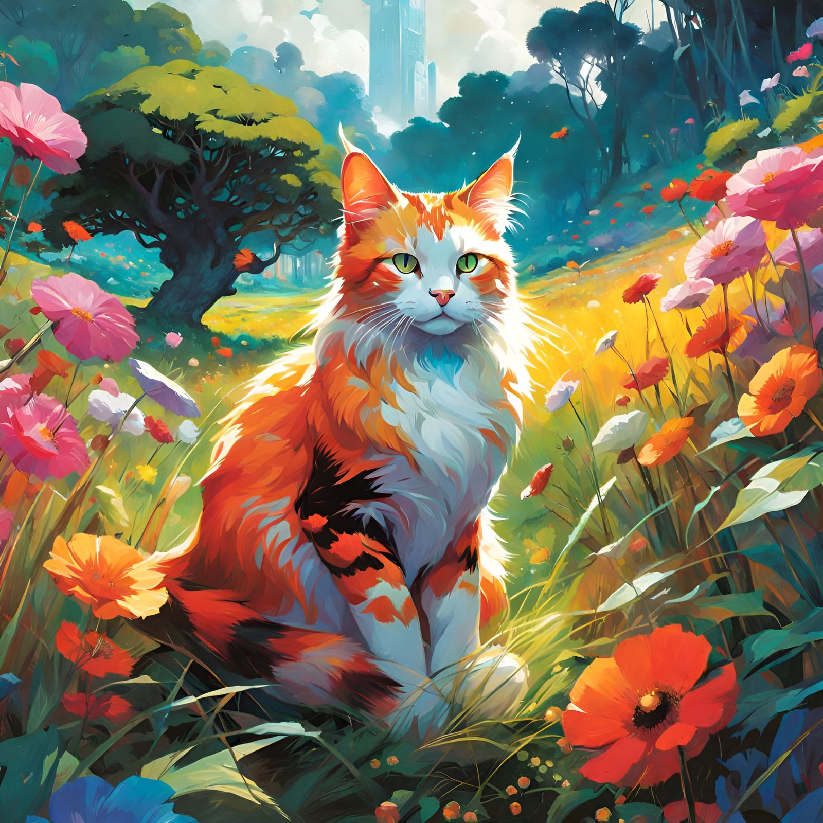 Vibrant Cat in Hyperdetailed Anime-Style Landscape