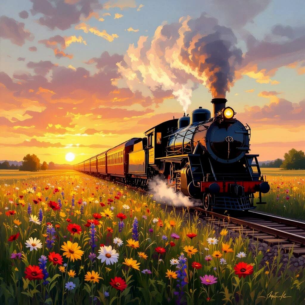 Impressionistic Steam Train Journey at Golden Hour