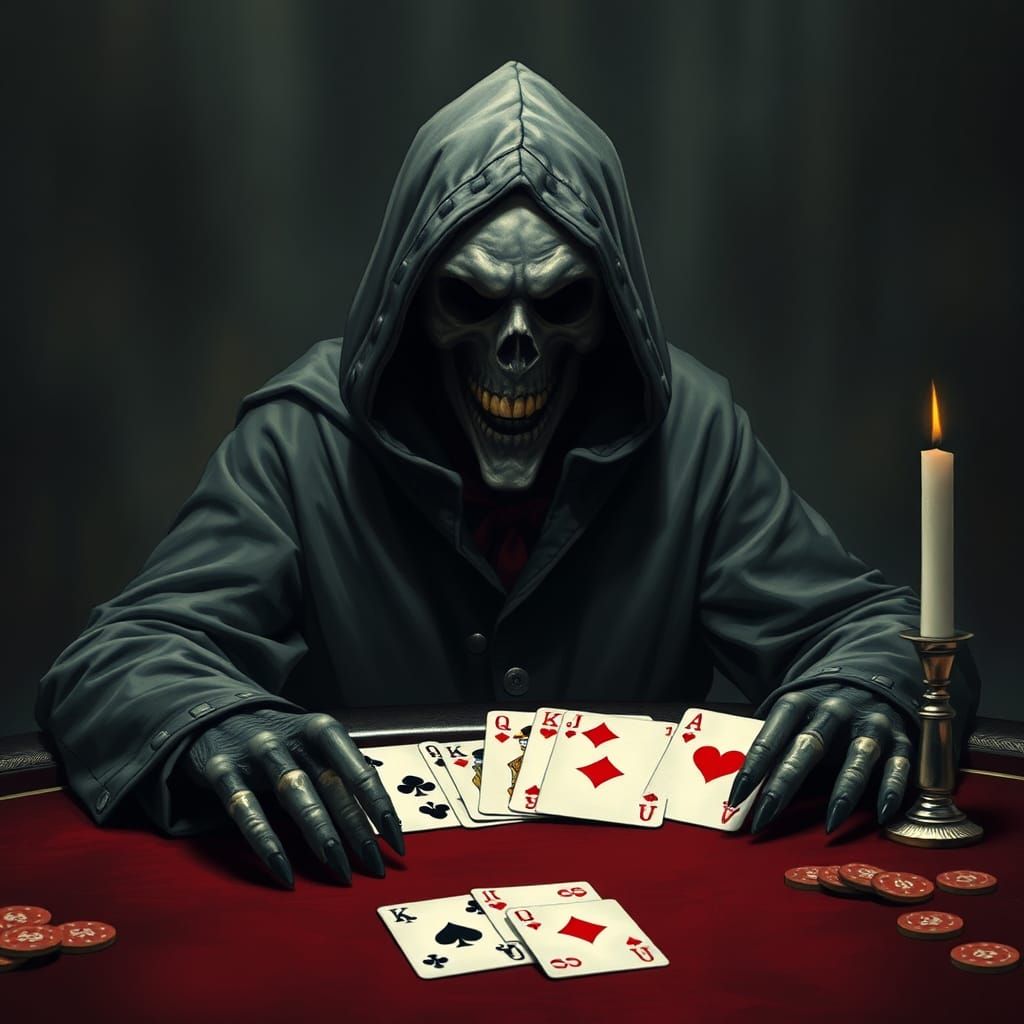 Grinning Grim Reaper Wins with Royal Flush