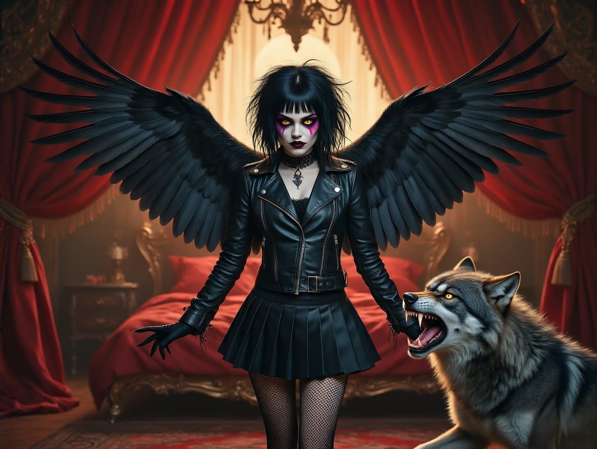 Gothic Crow Hybrid Girl Protects Herself from a Snarling Wer...