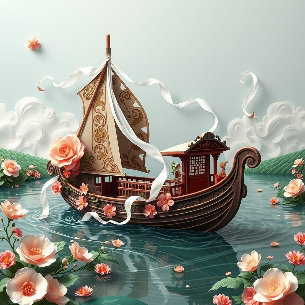 Anime Style Chinese Junk Boat with Floral Magic