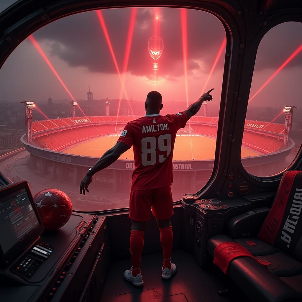 Strong Black Football Hero in Futuristic Military Helicopter