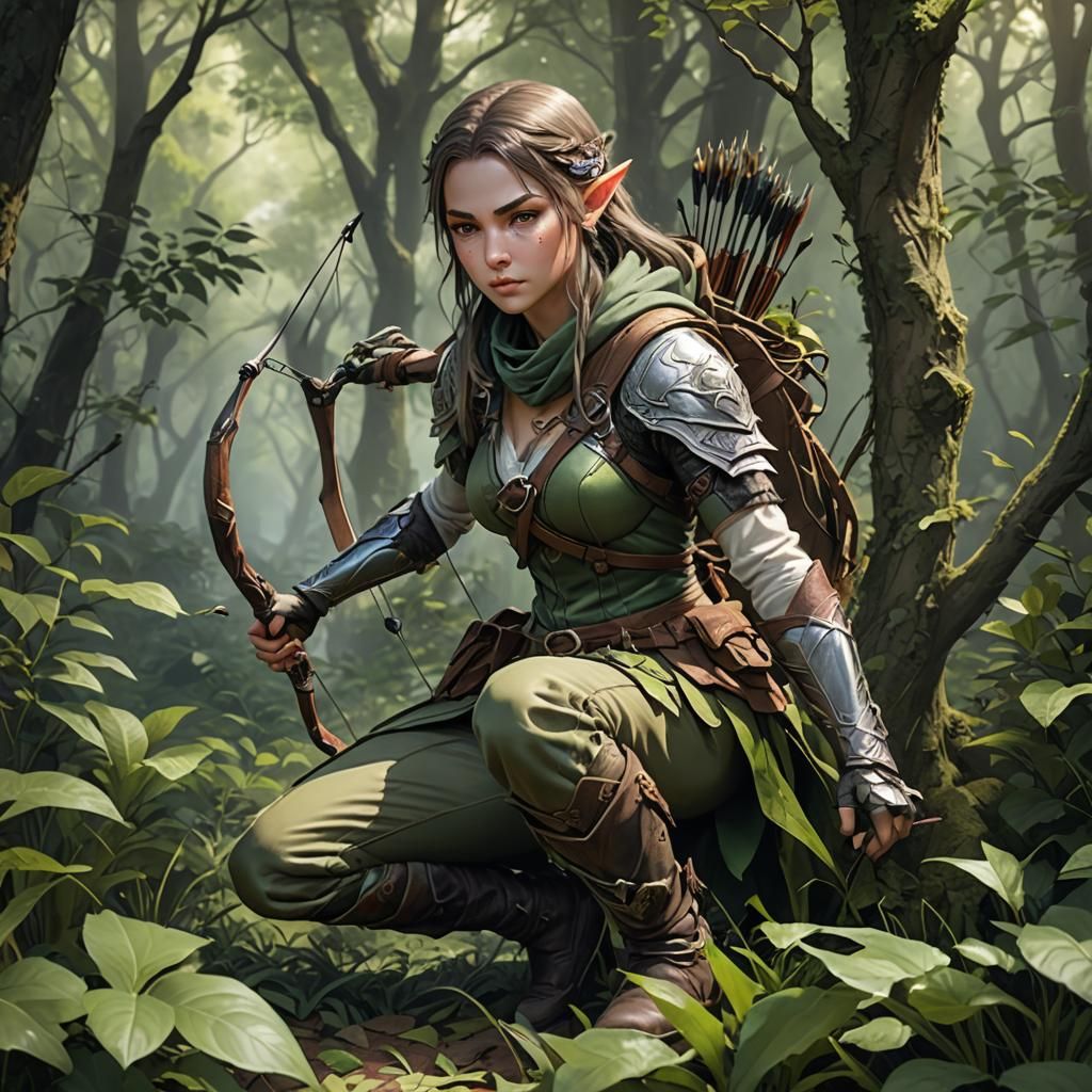 Elven Huntress Archer in Forest, 3D Anime Art