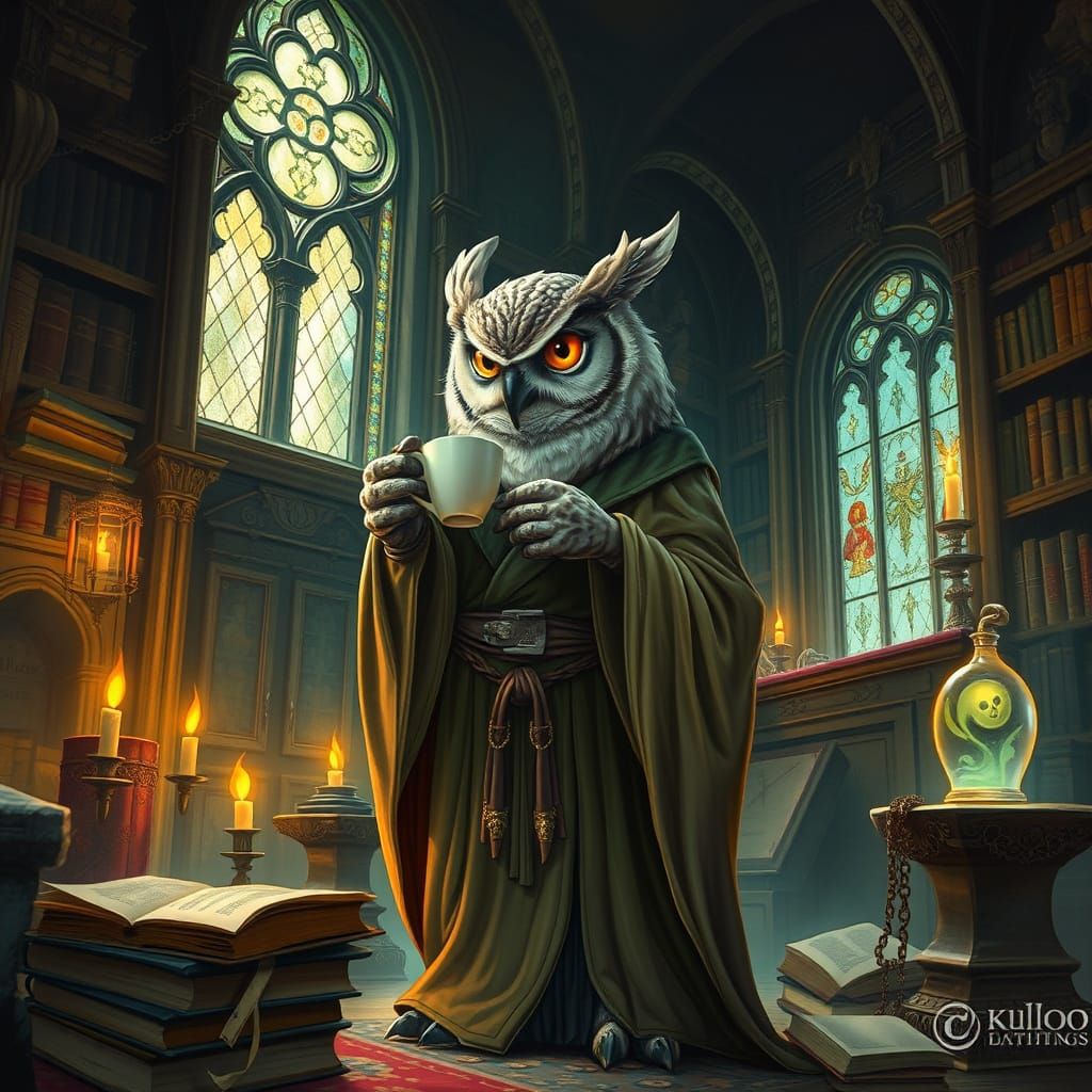 Jedi Owl in Mystical Library: Fantasy Art