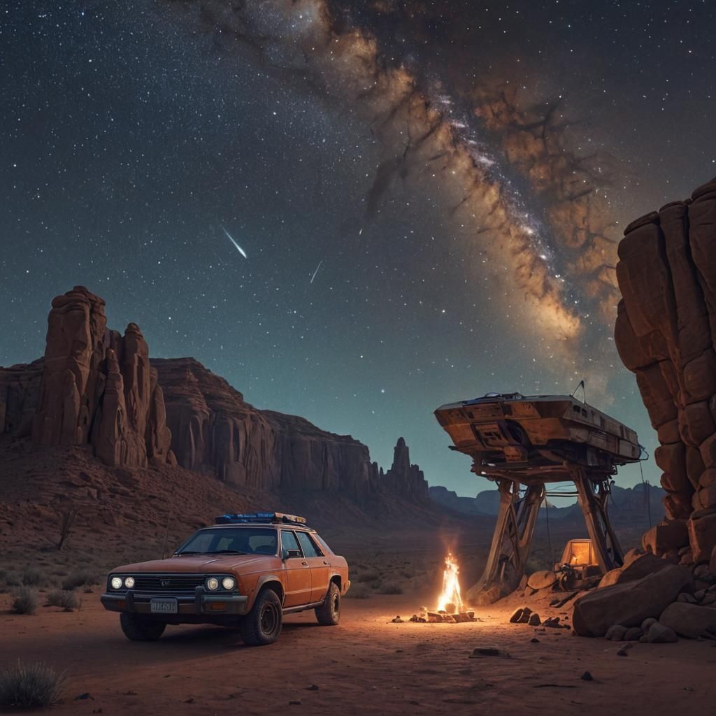 Desert Night Car Camp Under Milky Way Galaxy