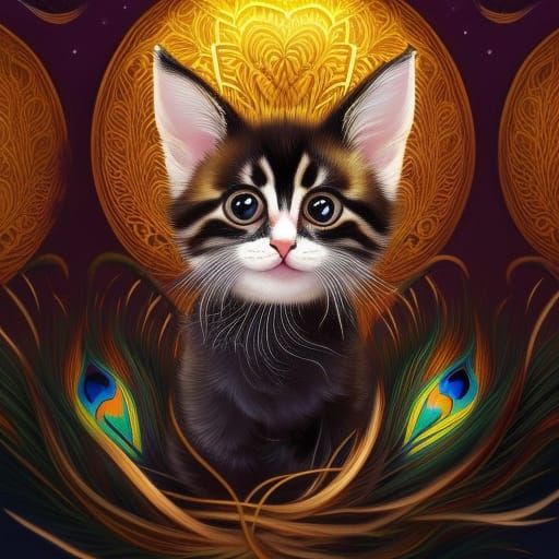 Cyberpunk Kitten in Venetian Mask Digital Art