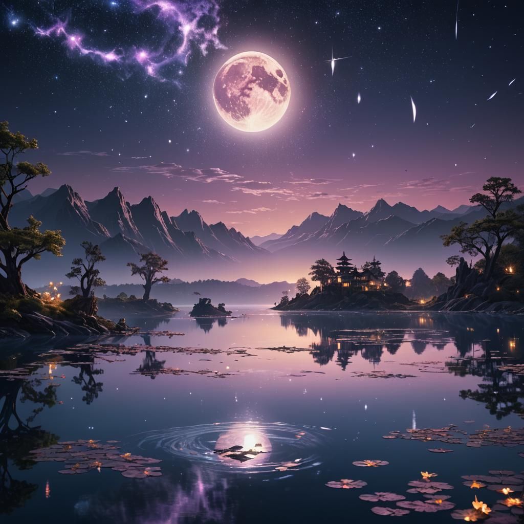 Serene Lake Reflects Moon in Fantasy Landscape