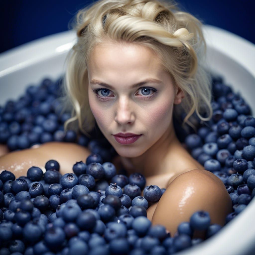 Blonde Woman's Blueberry Bath: Professional Portrait