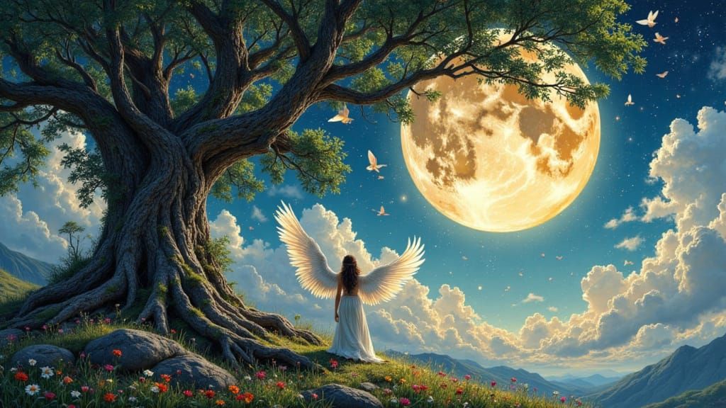 Fantasy Angel Tree Preying to Moon God