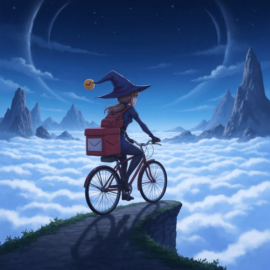 Magical Witch Delivers Mail on Cloud Bicycle