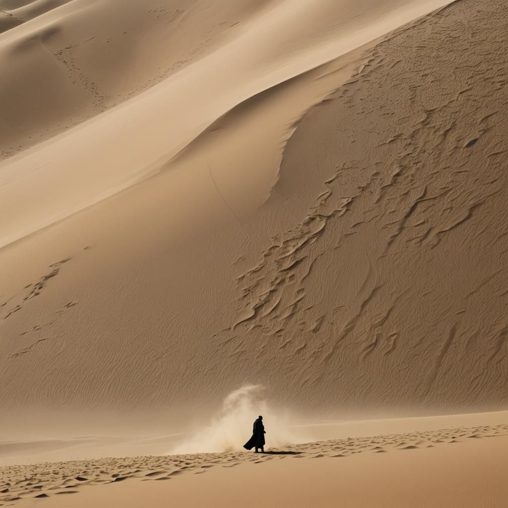 Sandstorm on Dunes with Human Shadow