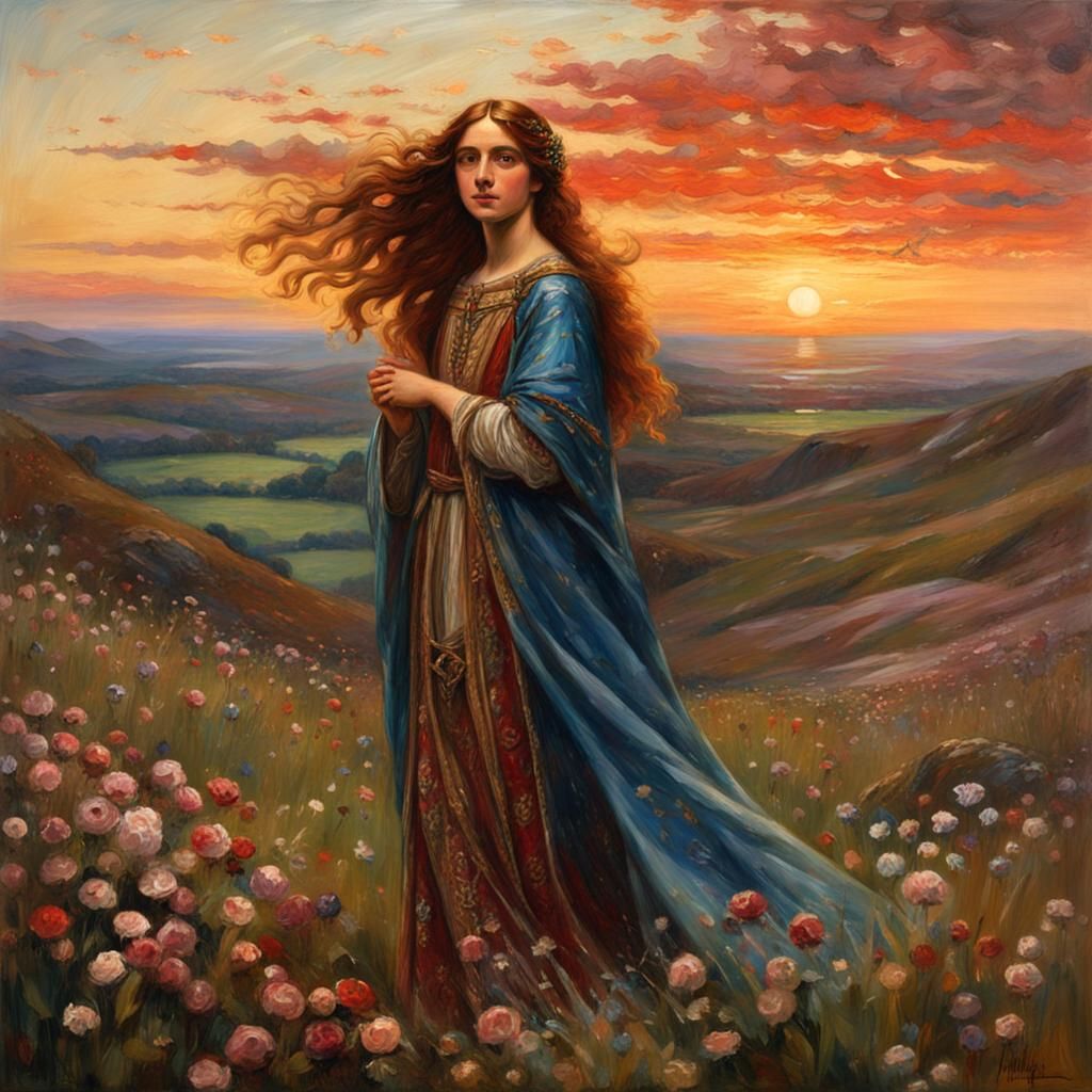 Aethelflaed in Pre-Raphaelite Style, Dreamy Landscape