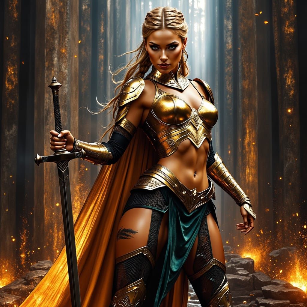 Armored Woman with Sword Before Lava Pool