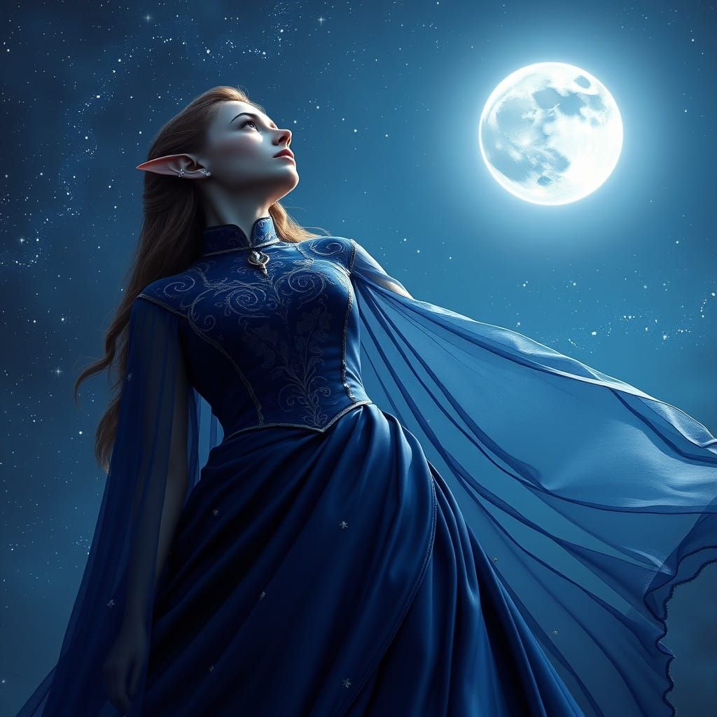 Ethereal Elf Maiden Gazing at Celestial Wonders in Deep Sapp...