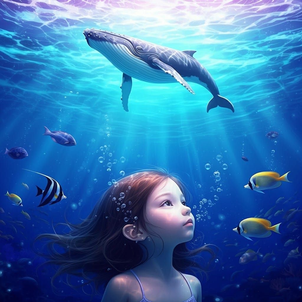 Girl in Ocean with Whales and Fish
