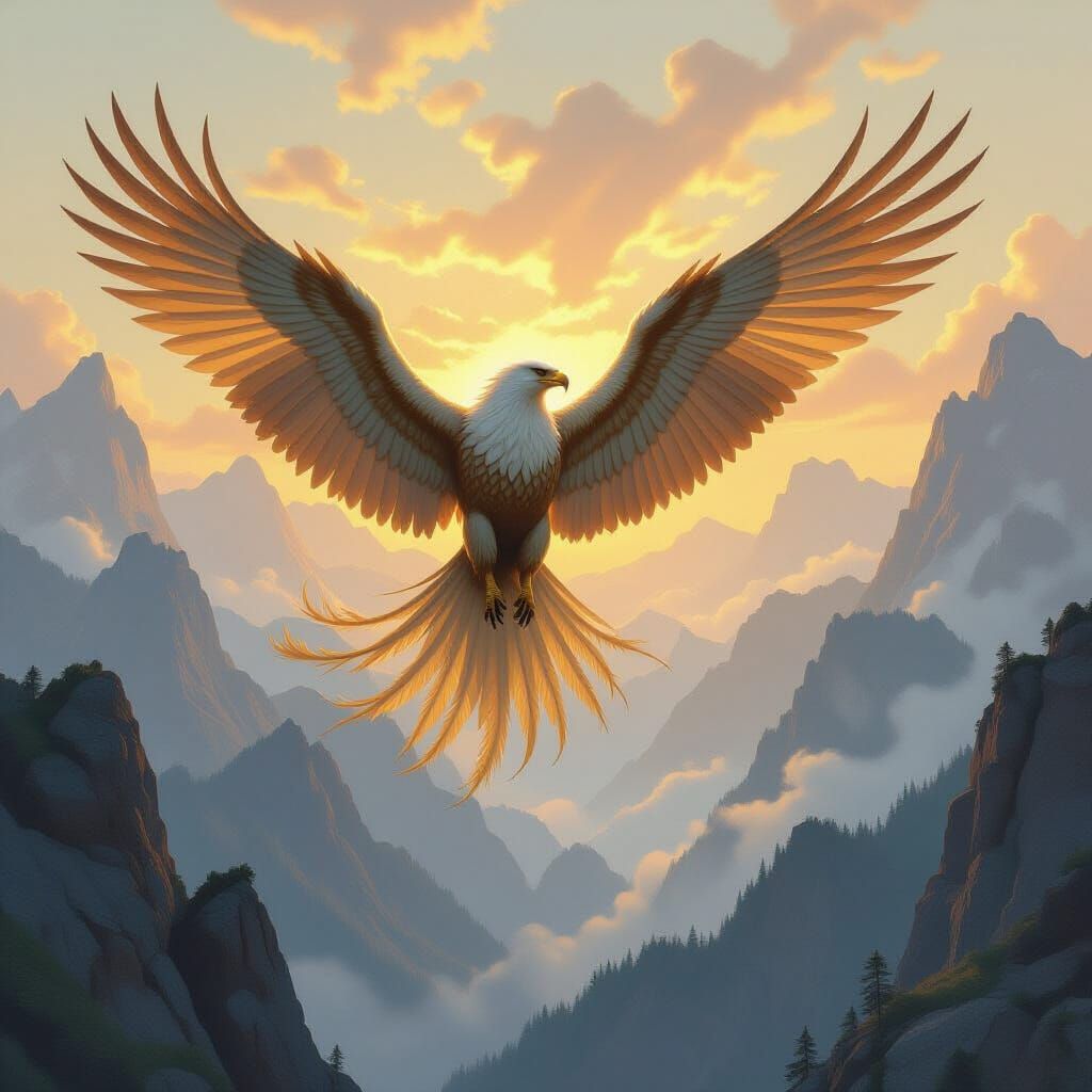 Majestic Griffin Soars Over Misty Mountains at Dawn