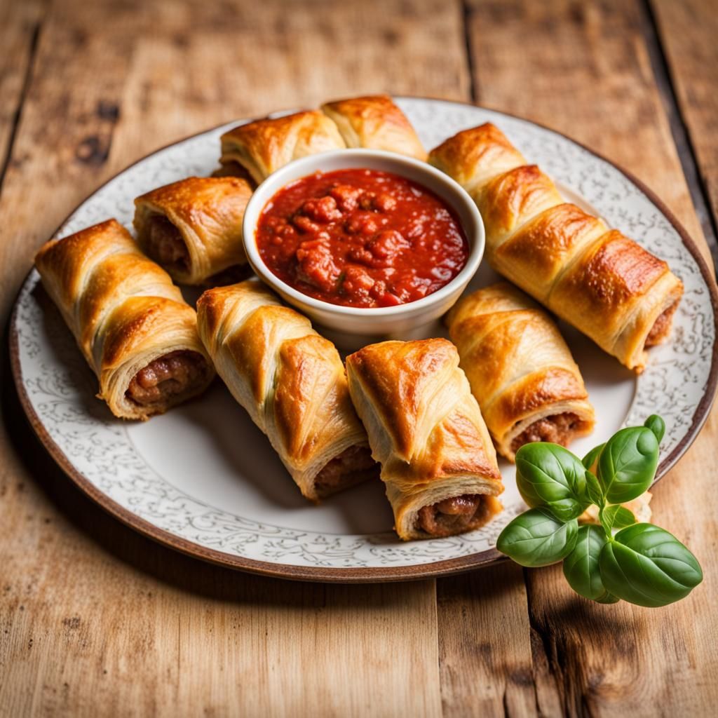 Sausage Rolls with Tomato Sauce on Plate
