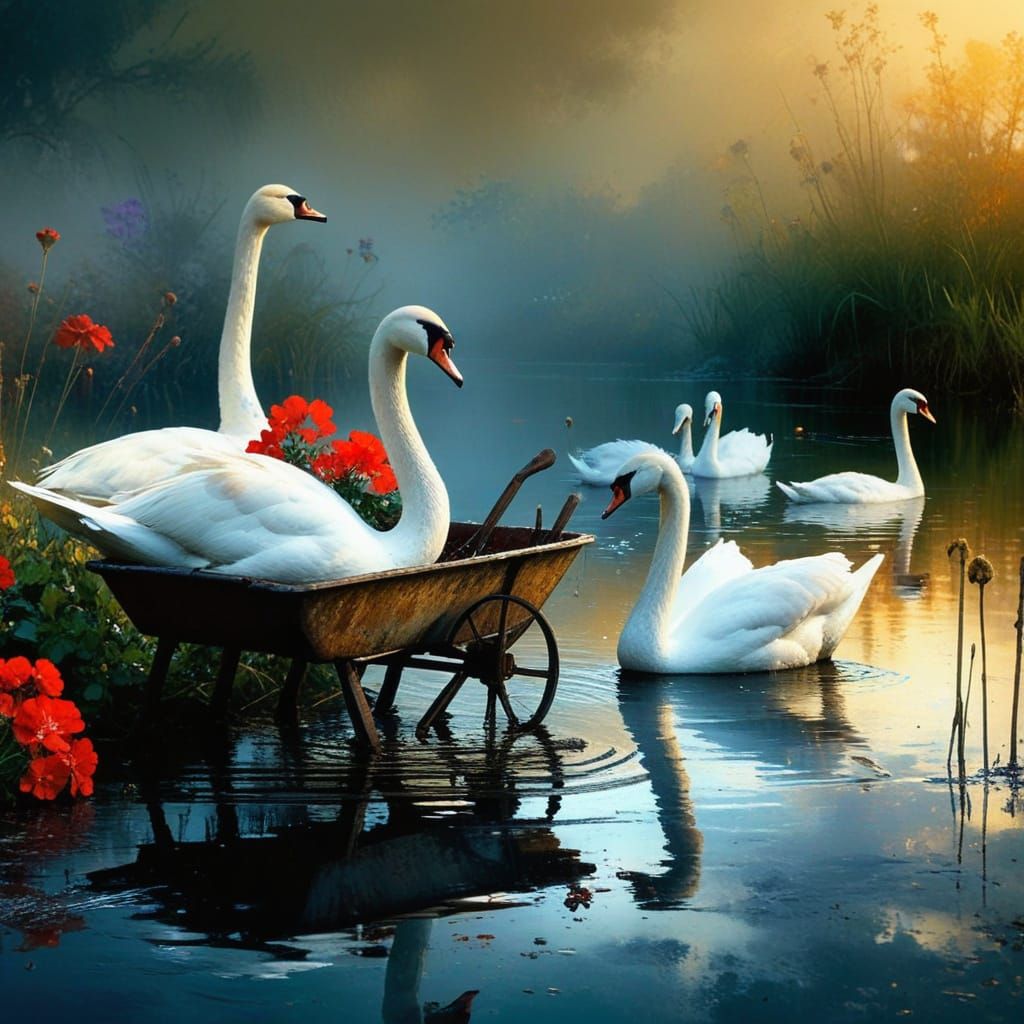 Grunge Wetlands Masterpiece with Swans and Vintage Wheelbarr...