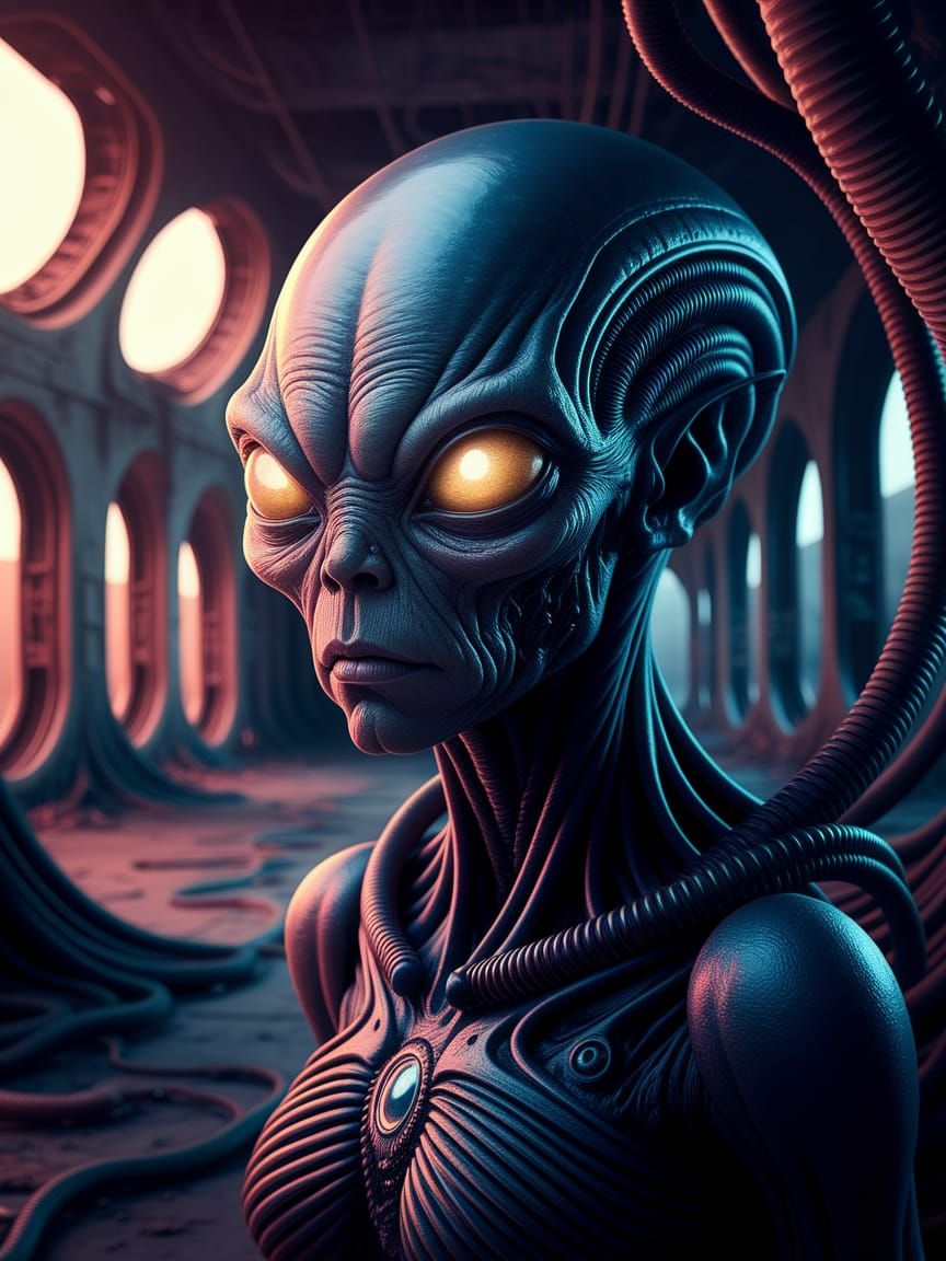 Alien Portrait with Luminous Eyes in Abandoned Place