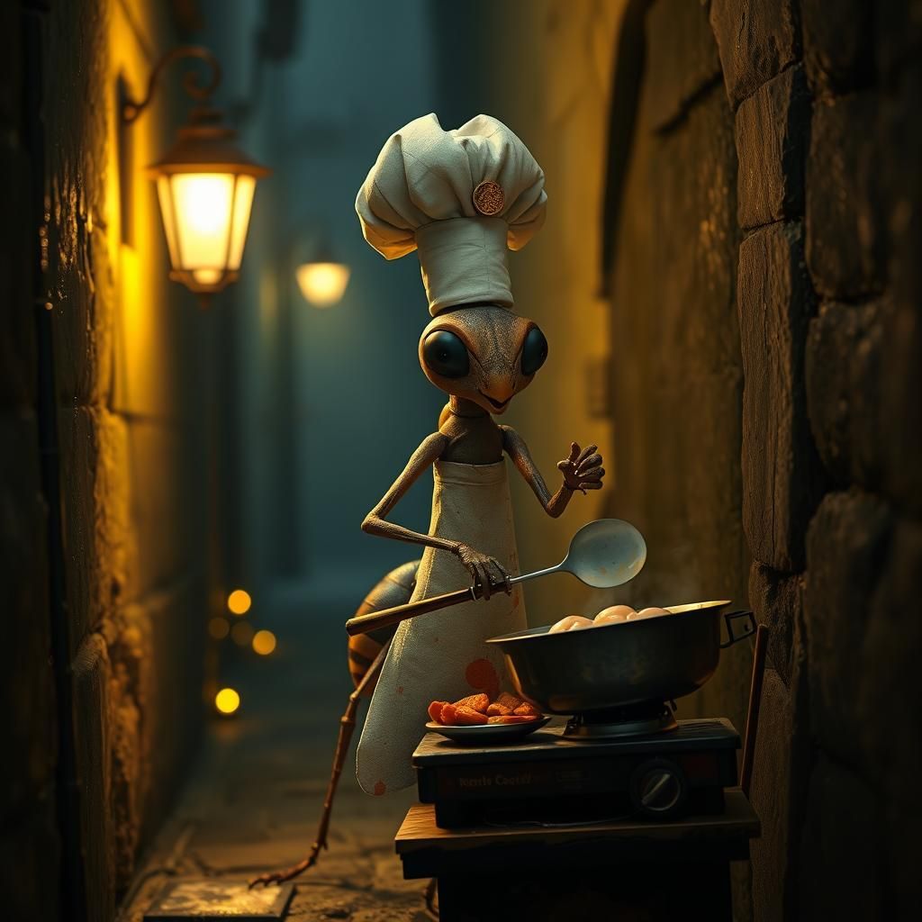 Chef Ant Cooks Gourmet Meal in Dimly Lit Alley