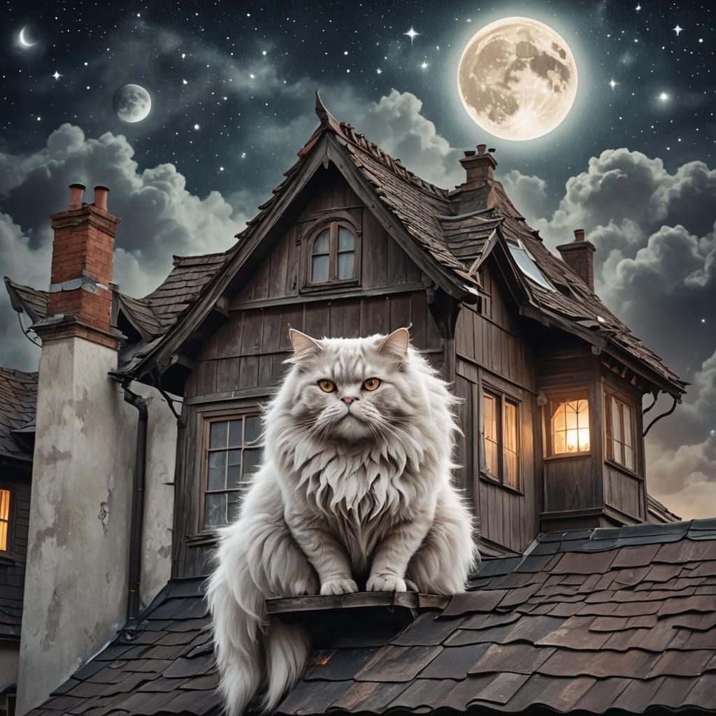 Ghost Cat on Roof Under Starry Sky