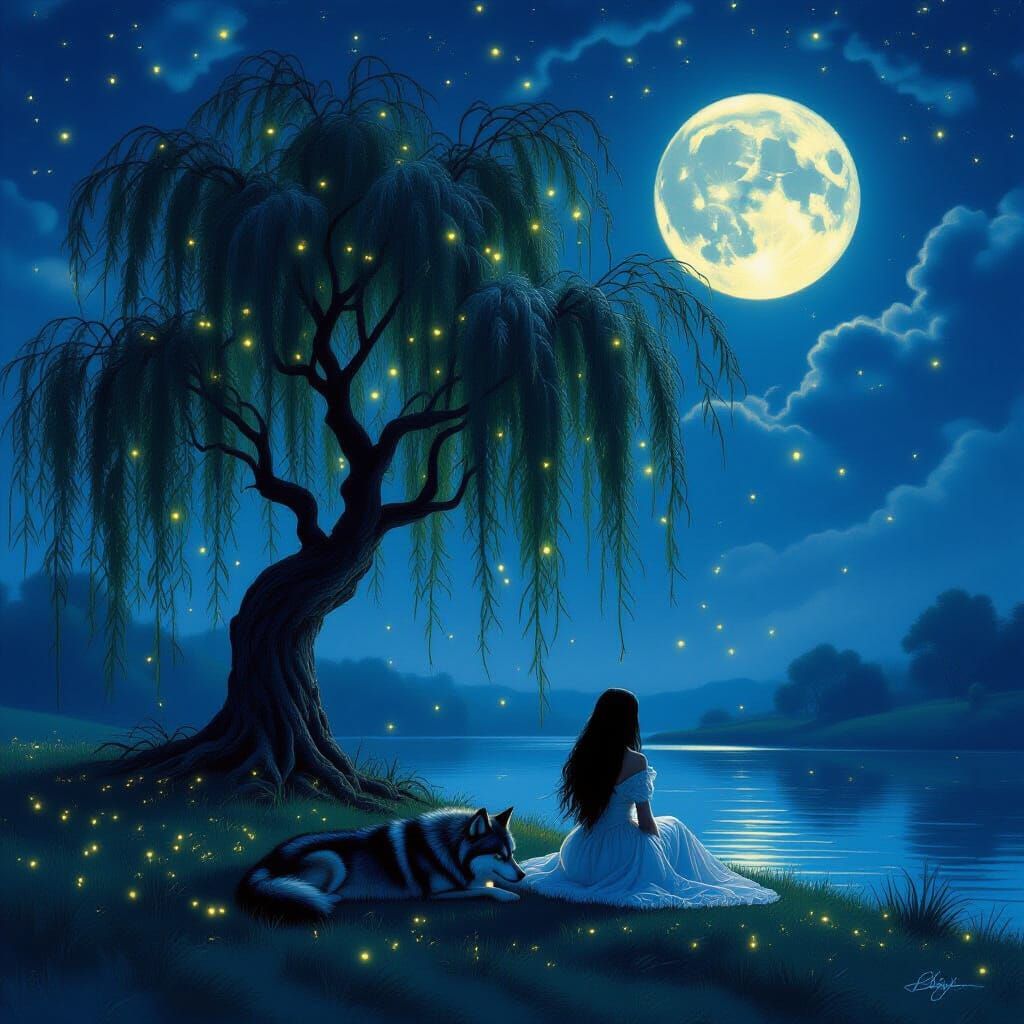 Moonlit Willow Tree with Fireflies and Woman with Wolf