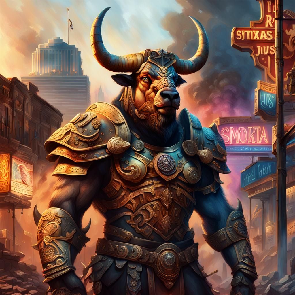 Minotaur Overcomes Justizia in Hyperrealistic Concept Art