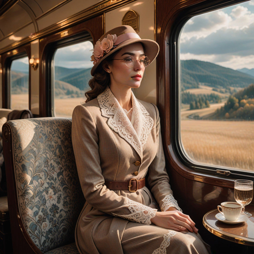 Vintage Train Portrait of a Thoughtful Lady in Elegant Attir...