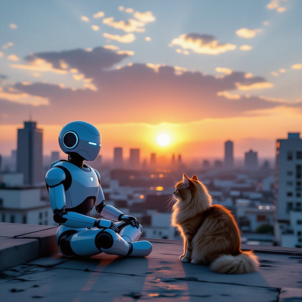 Android and Cat Sunrise in Apocalyptic Cityscape