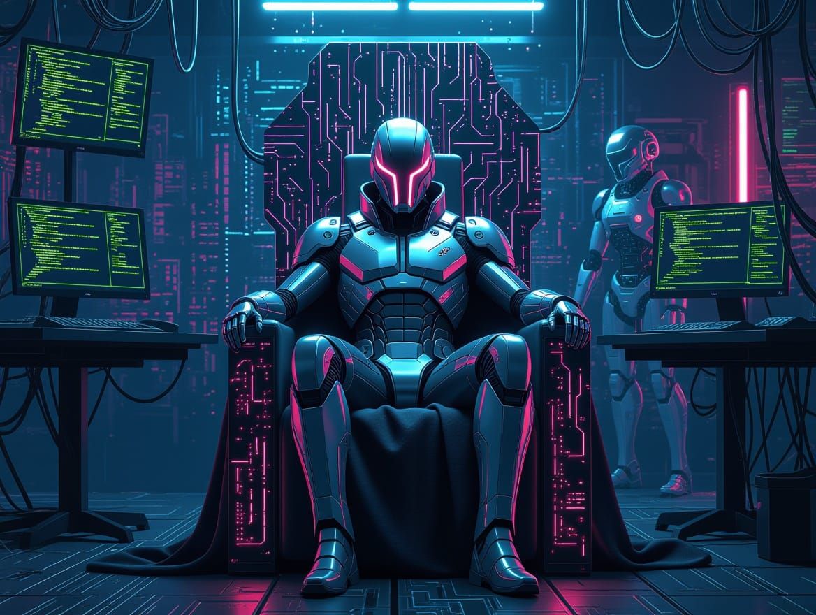 Cyberpunk King Seated on Circuit Board Throne