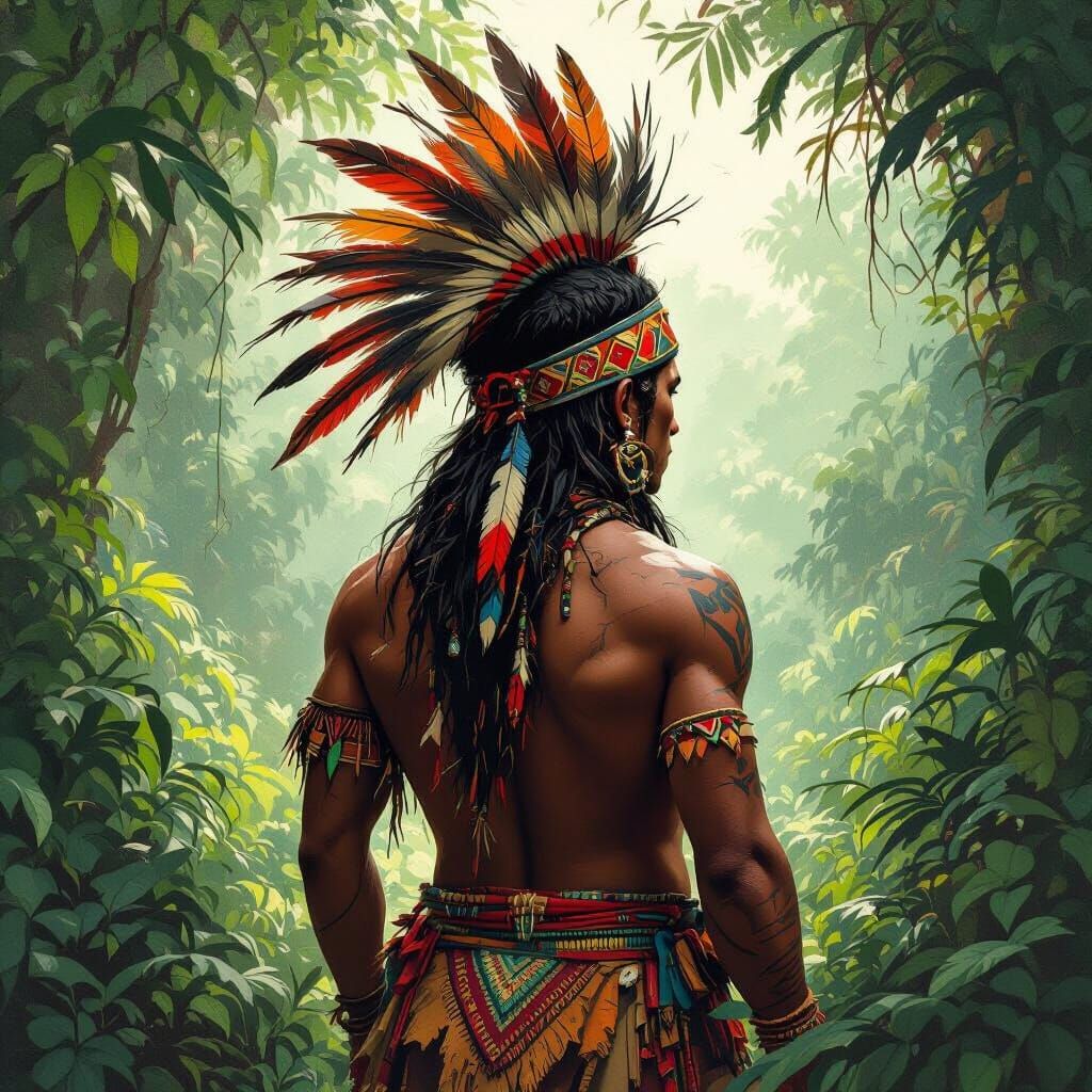 Amazonian Warrior in Lush Rainforest, Vibrant Earthy Tones