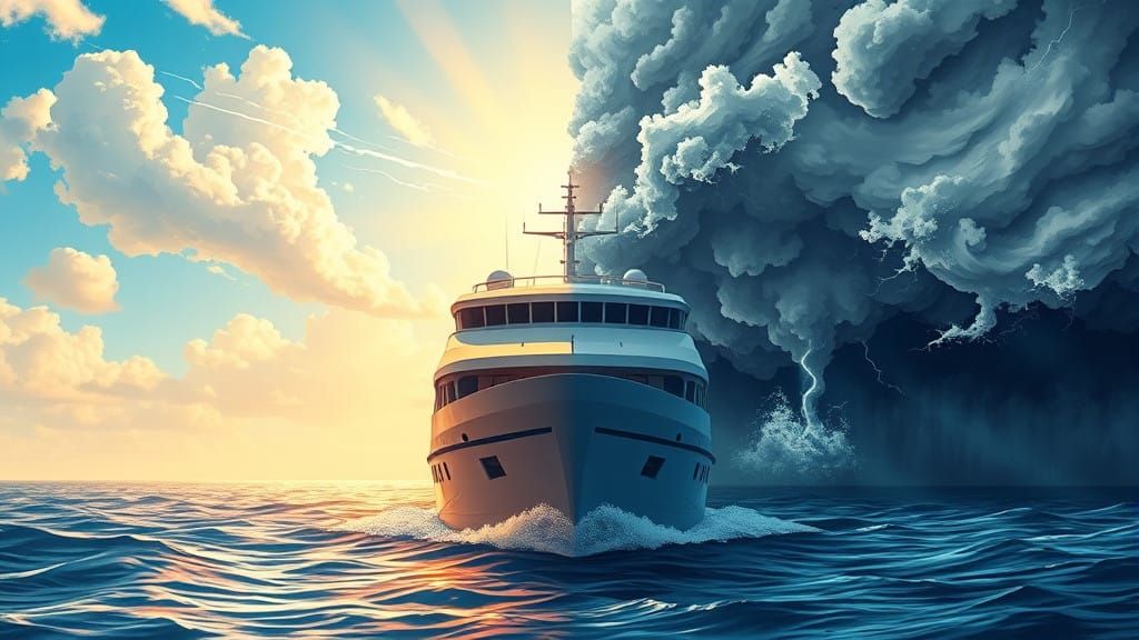 Anime-Style Ferry Boat Under Turbulent Stormy Weather