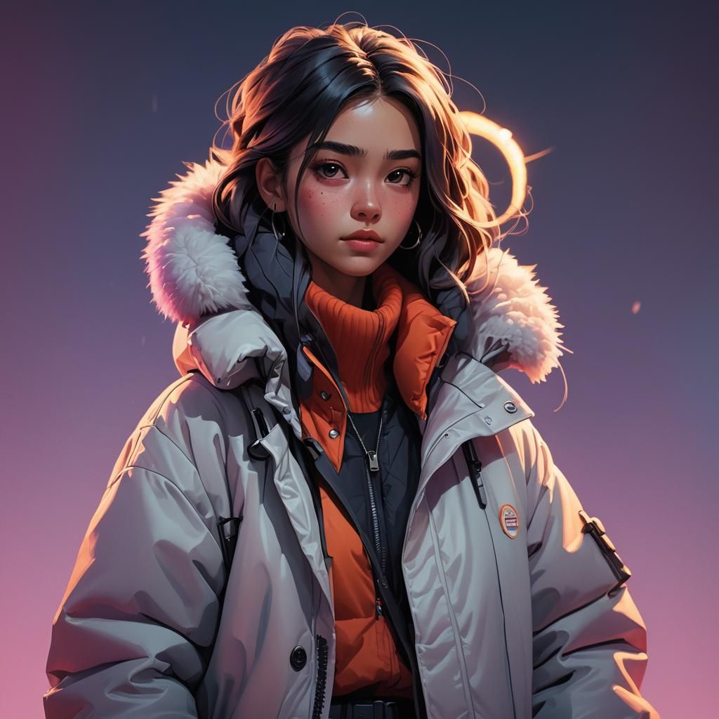 Girl in Puffy Coat with Handcuffs: 3D Digital Art