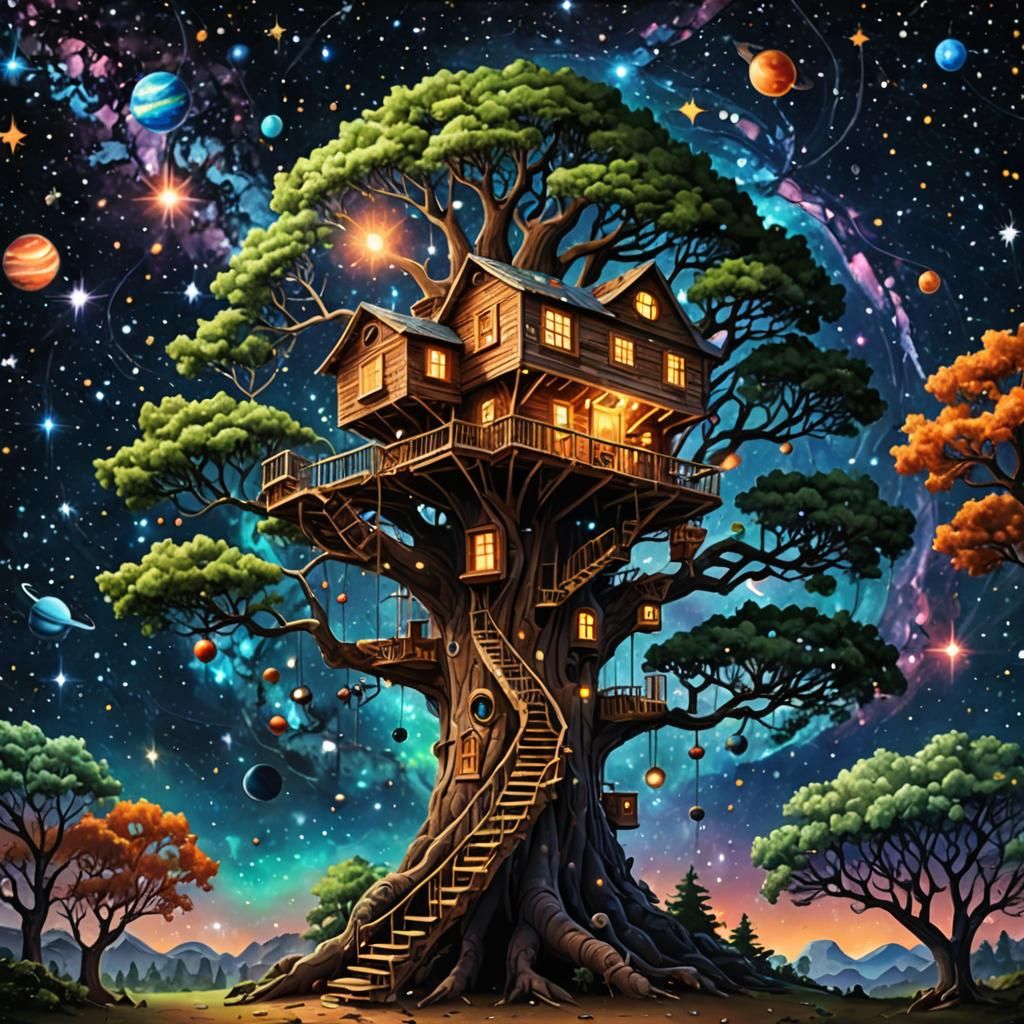 Cosmic Treehouse Among Stars and Nebulae