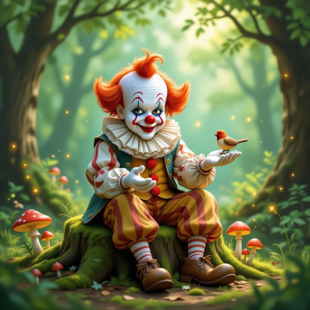 Elderly Clown in Enchanted Forest Clearing