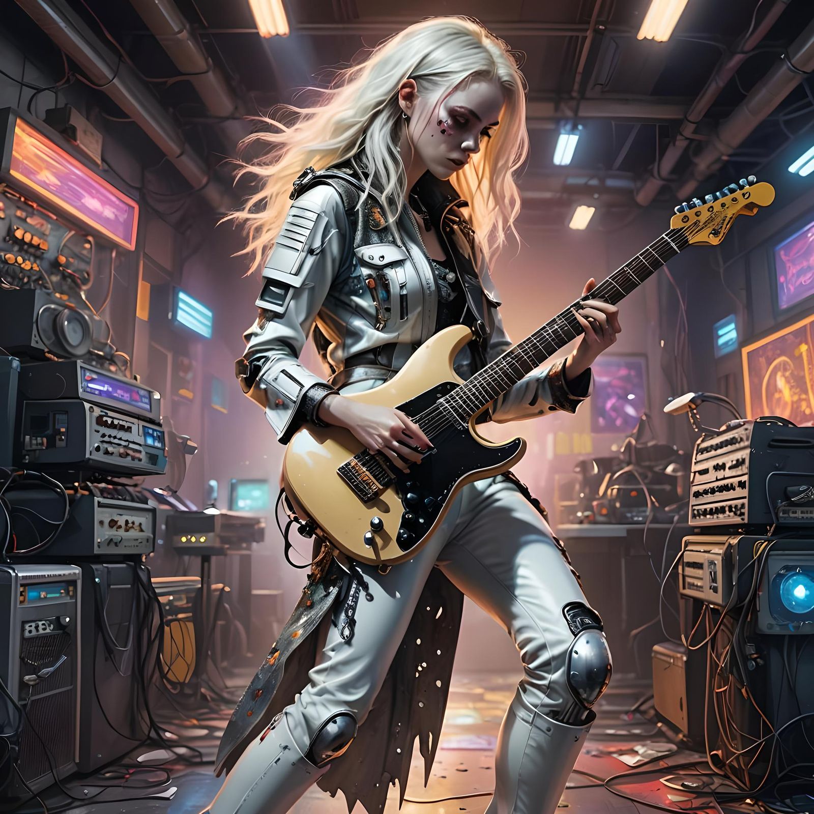 Pale Skinned Rockstar Cyborg Performs on Fender Electric Gui...